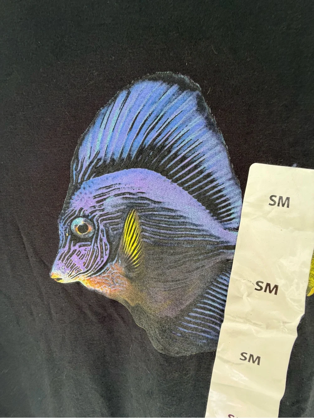 Gildan Black T-Shirt with Blue and Yellow Tropical Fish Graphic